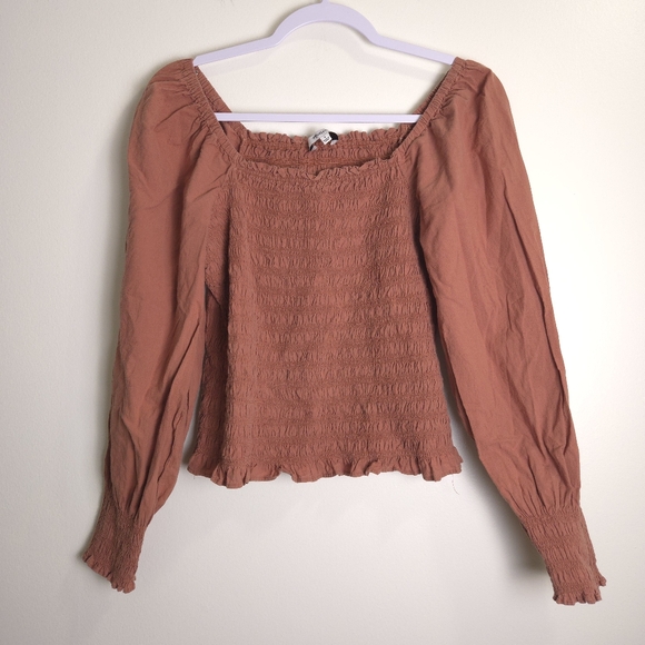 MADEWELL Lucie Bubble Sleeve Smocked Top in Warm Umber S - Picture 2 of 7